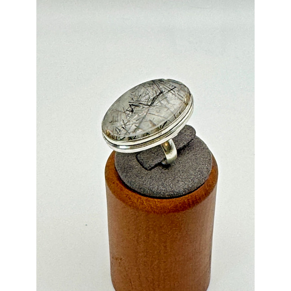 Tourmalinated Quartz Stone Estate Ring .925 Stone Sz 6 - 10.12 Grams 1.25" - Picture 2 of 4